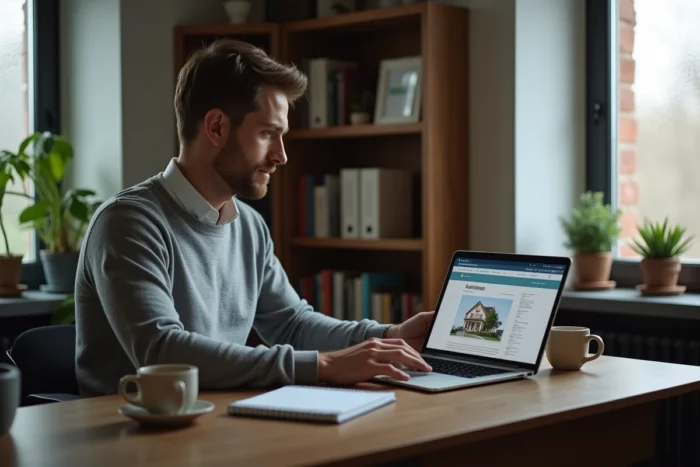Agent immobilier suivant une formation loi Alur en ligne depuis son bureau à domicile