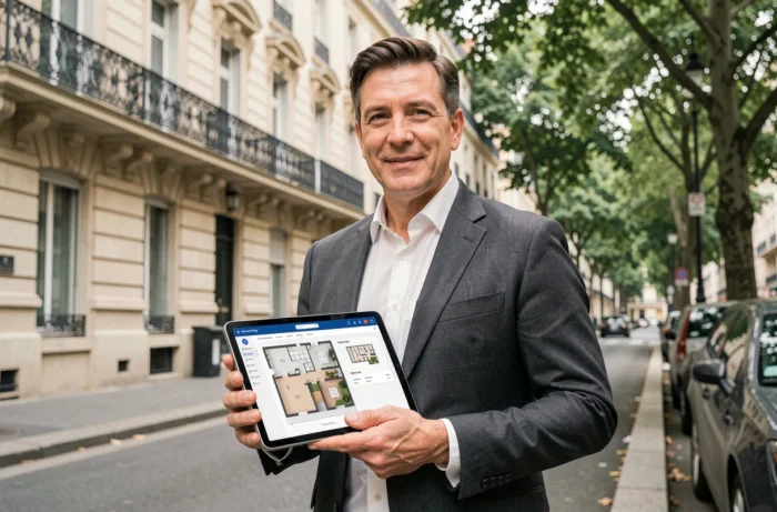 Agent immobilier présentant une annonce sur tablette numérique devant un immeuble haussmannien à Paris