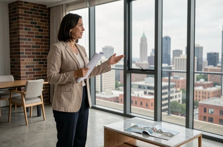 Agente immobilière présentant un appartement moderne avec vue sur la ville, tenant des plans architecturaux