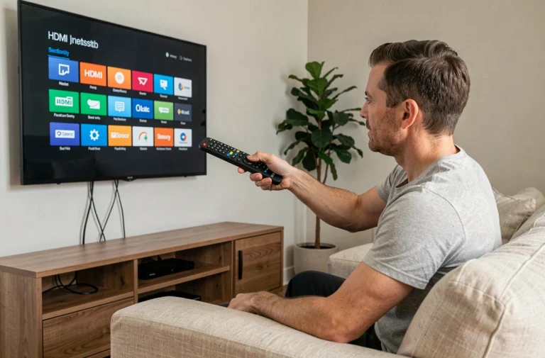 Homme tenant une télécommande TCL pointée vers un téléviseur affichant le menu de sélection d'entrée HDMI dans un salon moderne