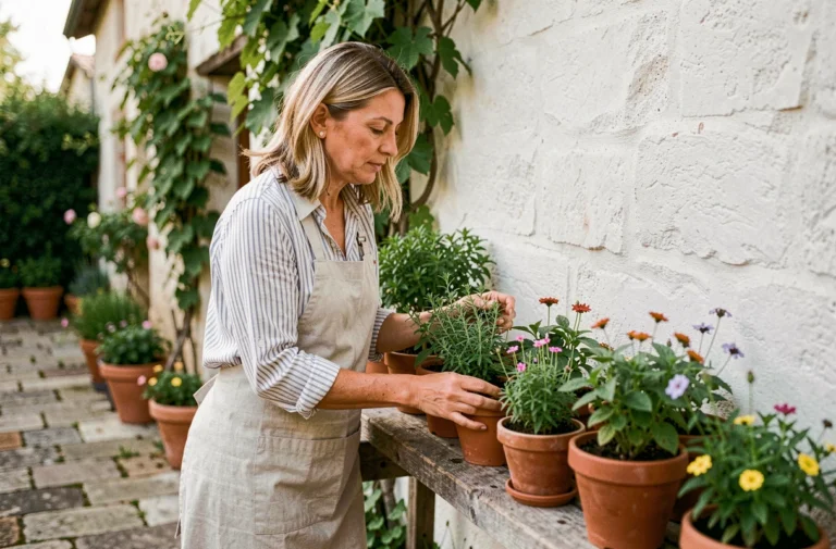 Femme aménageant une étagère de plantes aromatiques dans un jardin de style champêtre français