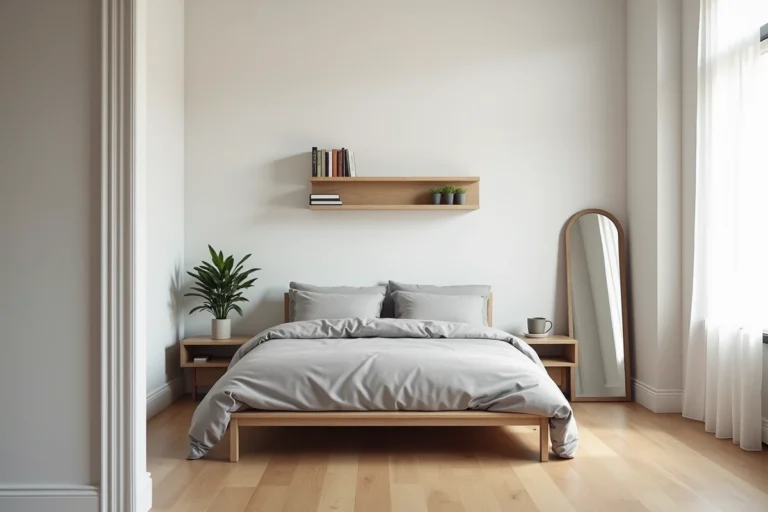 Petite chambre d'appartement aménagée avec style, lit plateforme en lin gris, étagères murales en bois et miroir pleine longueur