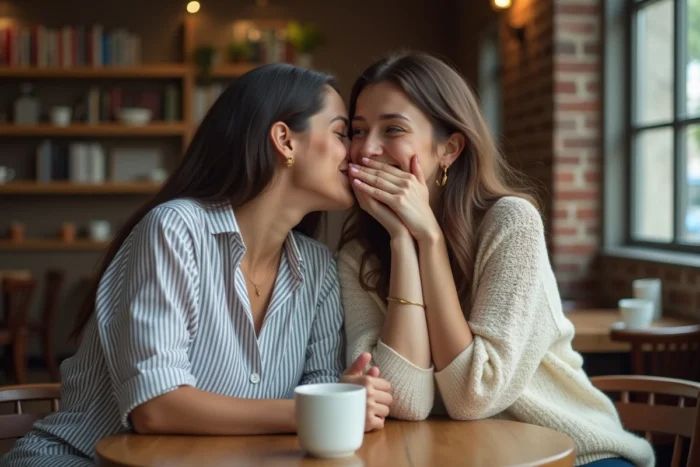 Deux amies riant complices dans un café en discutant d'une approche maladroite avec humour