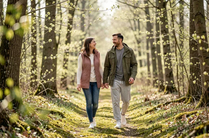 Deux amis marchant et riant sur un sentier forestier au printemps, illustrant les bienfaits de la nature et du plein air sur le bien-être