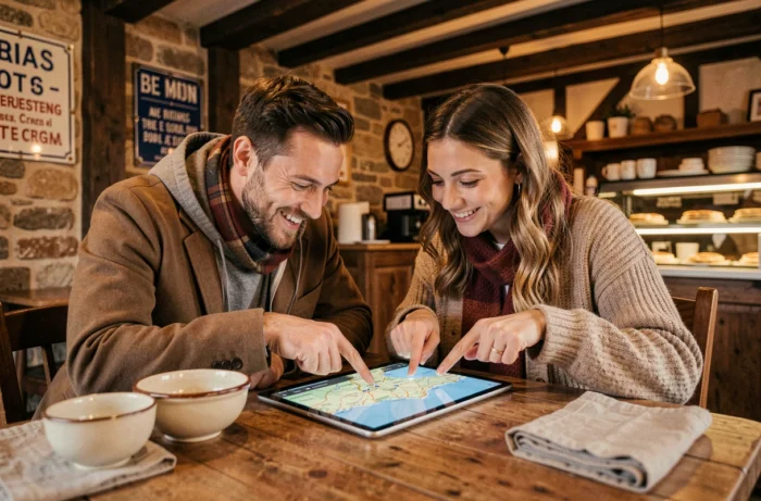 Deux amis explorant une carte interactive de la Bretagne sur tablette dans une crêperie traditionnelle