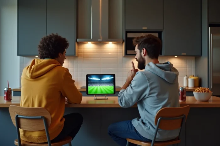 Deux amis regardant un match en streaming sur tablette dans une cuisine moderne