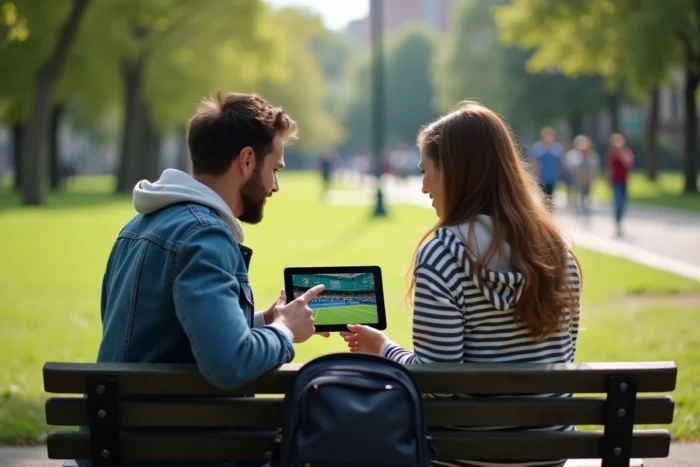 Deux amis regardant un match de tennis en streaming gratuit sur une tablette dans un parc en plein air