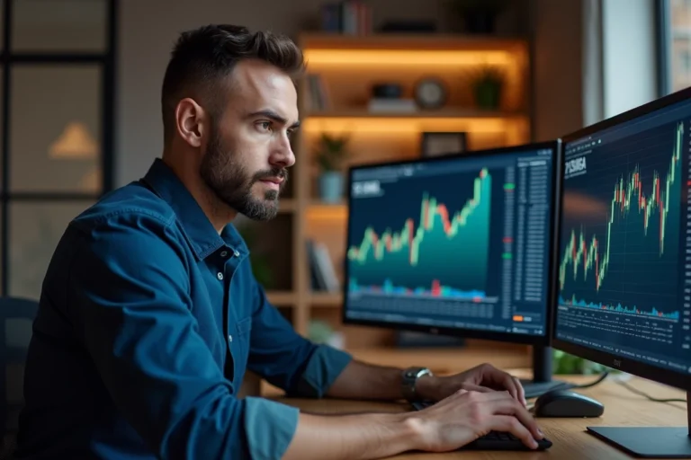 Homme concentré analysant des graphiques boursiers sur deux écrans dans un bureau moderne