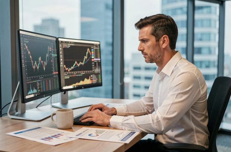 Analyste financier étudiant les tendances boursières sur plusieurs écrans dans un bureau moderne