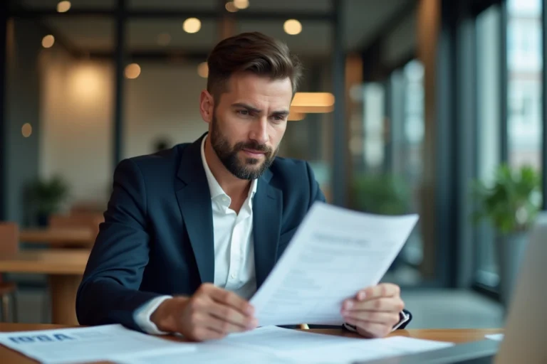 Ancien militaire en costume sombre révisant son CV dans un bureau professionnel moderne