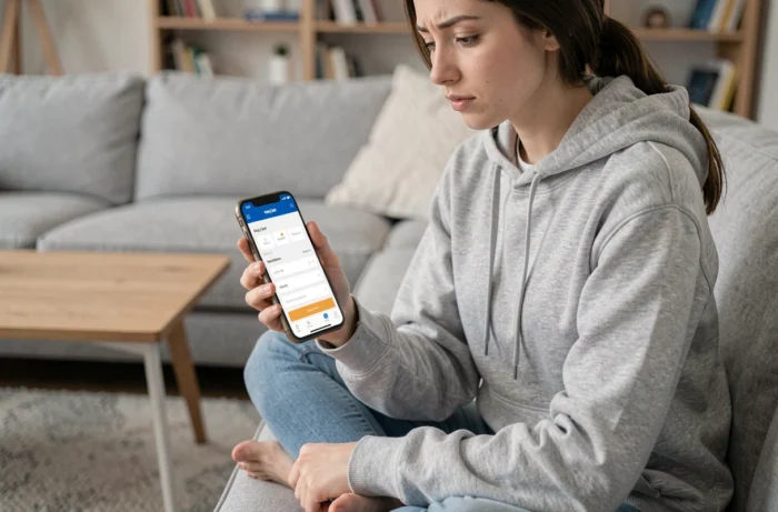 Jeune femme consultant l'application mobile easyJet sur smartphone pour vérifier l'ajout d'un deuxième prénom lors d'une réservation