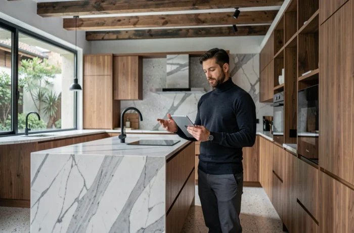 Architecte masculin dans une cuisine rénovée tendance avec îlot en marbre, façades en noyer et sol en terrazzo
