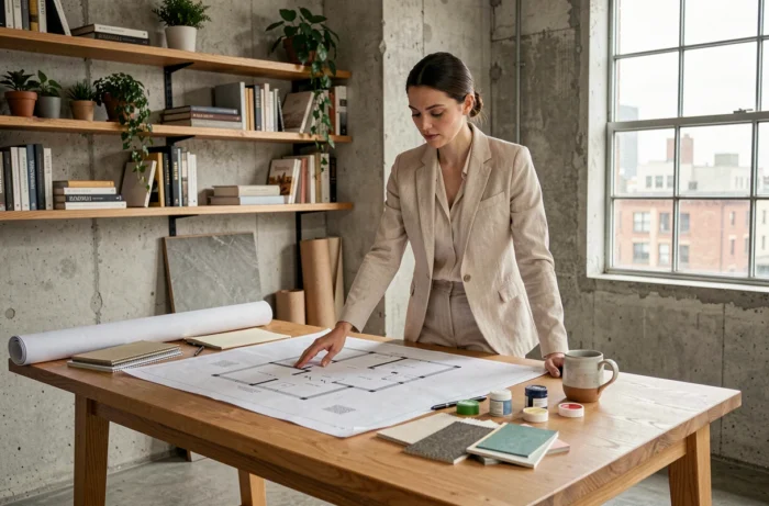 Architecte d'intérieur féminine étudiant des plans et des échantillons de matériaux dans un studio moderne aux murs en béton exposé