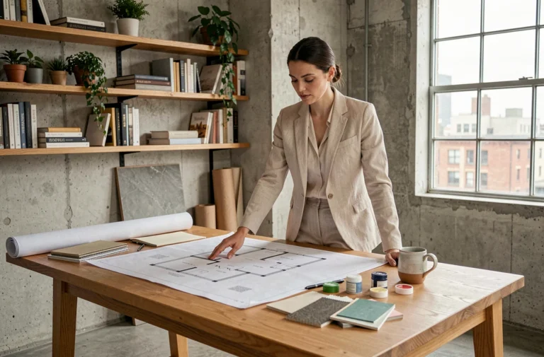 Architecte d'intérieur féminine étudiant des plans et des échantillons de matériaux dans un studio moderne aux murs en béton exposé