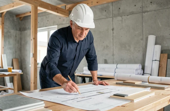 Architecte en casque blanc étudiant des plans de construction sur un chantier moderne