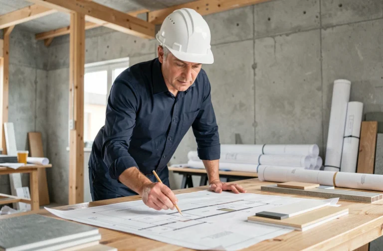 Architecte en casque blanc étudiant des plans de construction sur un chantier moderne