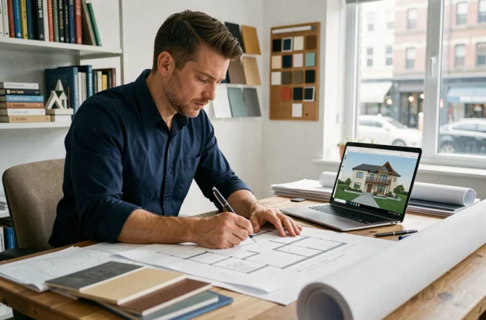 Architecte travaillant sur des plans de maison dans un studio de conception avec maquettes et échantillons de matériaux