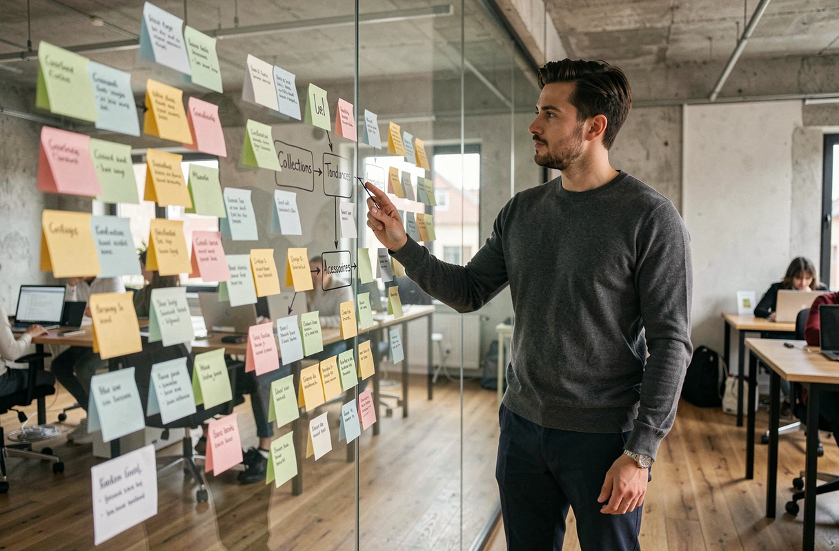 Homme debout devant un mur de post-it organisé représentant l'architecture de navigation d'un site de mode