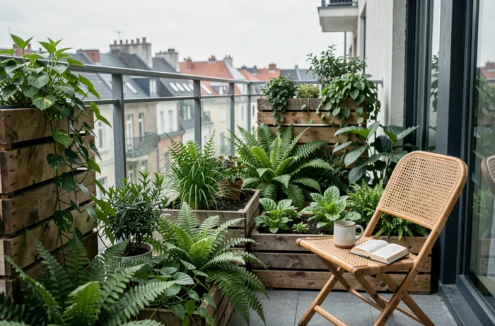 Balcon urbain transformé en espace de vie végétal avec plantes et mobilier en rotin