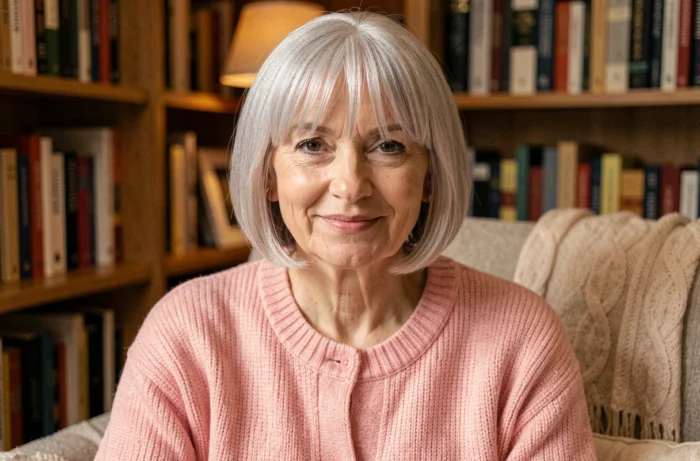 Femme de 60 ans avec un bob court et une frange rideau sur cheveux fins gris clair, dans un intérieur douillet
