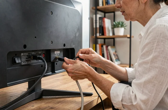 Femme branchant un câble HDMI dans le port arrière d'un téléviseur TCL pour configurer l'entrée vidéo