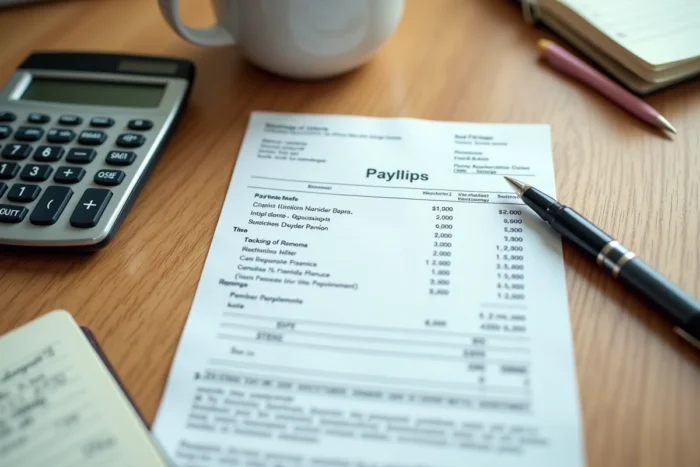 Bulletin de paie avec prime de 13ème mois Leclerc posé sur un bureau avec calculatrice et notes