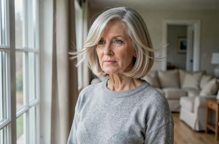 Femme de 60 ans avec un carré court dégradé avec mouvement sur cheveux fins blond cendré