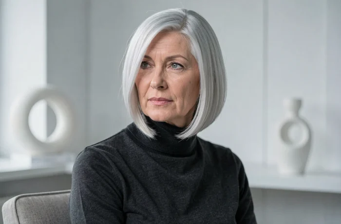 Femme de 60 ans avec un carré plongeant effilé pour affiner le visage sur cheveux fins blanc cendré