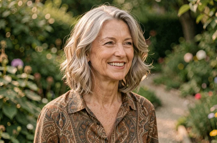 Femme de 60 ans avec un carré wavy pour gagner en texture sur cheveux fins, photographiée dans un jardin