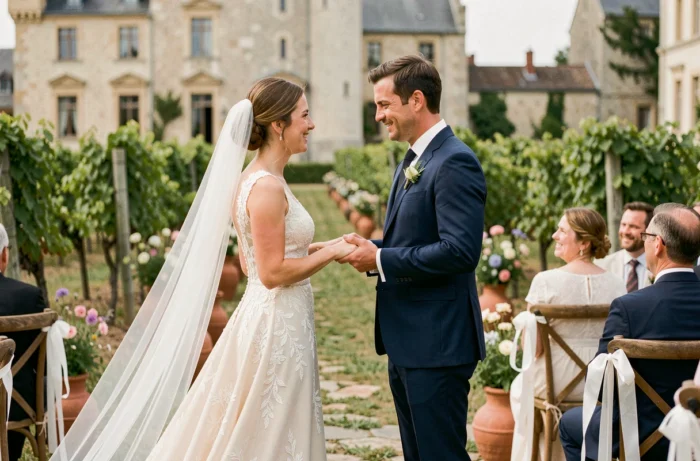 Couple de mariés échangeant leurs vœux dans un vignoble en Provence, robe en dentelle ivoire et costume bleu marine, décor rustique avec chaises en bois et fleurs sauvages