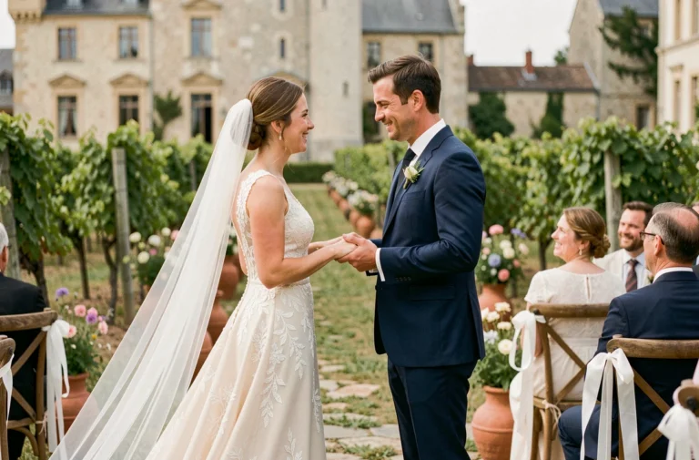 Couple de mariés échangeant leurs vœux dans un vignoble en Provence, robe en dentelle ivoire et costume bleu marine, décor rustique avec chaises en bois et fleurs sauvages