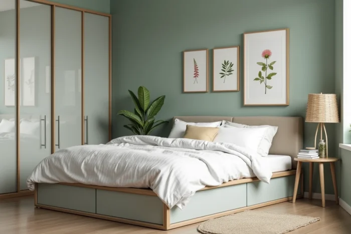 Chambre appartement optimisée avec lit coffre, mur vert sauge, galerie de cadres botaniques et armoire à portes miroir coulissantes