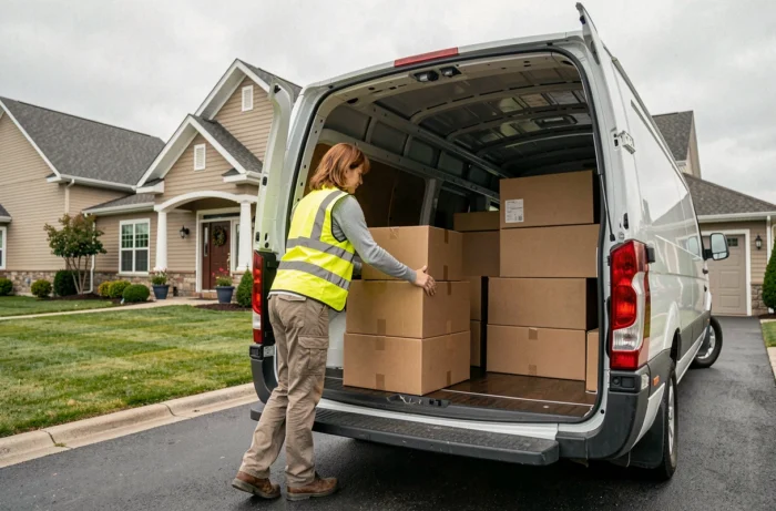 Femme chargeant des cartons dans le compartiment d'une camionnette jumbo de location
