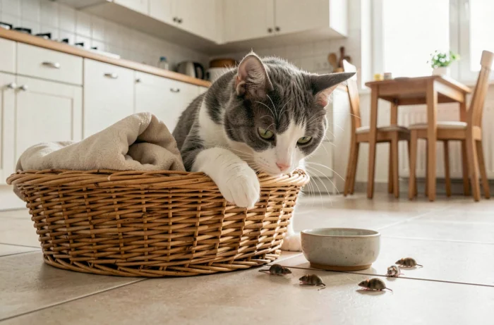 Chat gris et blanc explorant son nouvel espace d'accueil avec panier, gamelle et jouets, prêt pour son adoption