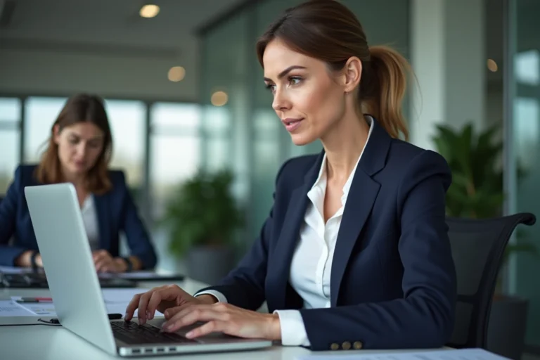 Femme cheffe d'entreprise utilisant les services en ligne essentiels pour les entreprises françaises sur son ordinateur portable au bureau