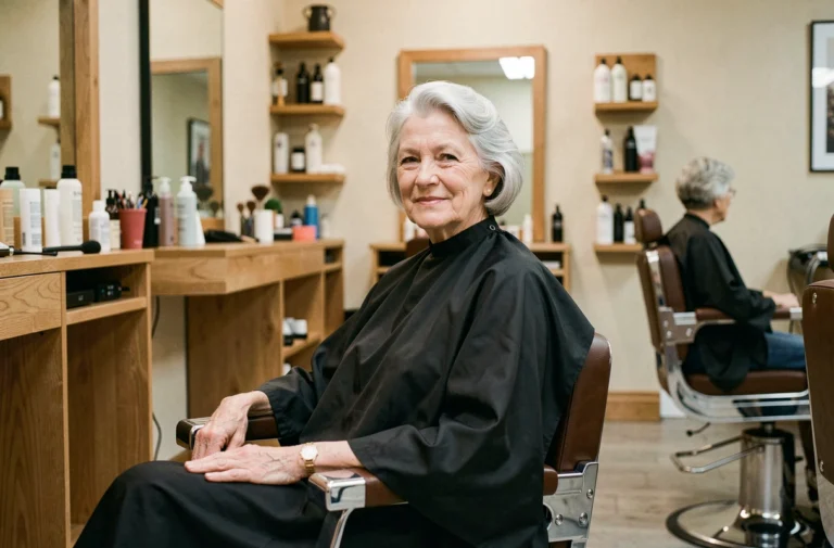 Femme de 60 ans aux cheveux fins dans un salon de coiffure moderne, découvrant sa nouvelle coiffure dans le miroir