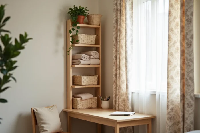 Coin bureau compact dans une petite chambre avec étagère échelle en bois, rangements décoratifs et plante verte en pot
