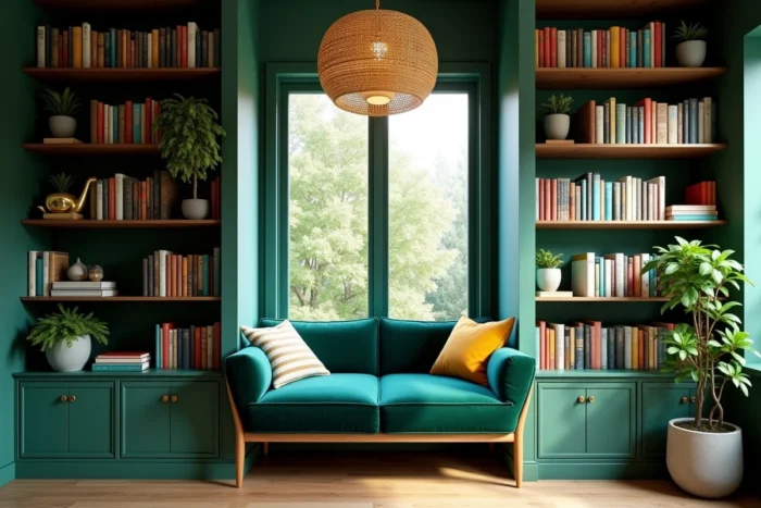 Coin lecture cosy aménagé dans une alcôve avec banquette velours vert, bibliothèque intégrée et objets décoratifs pour un intérieur créatif