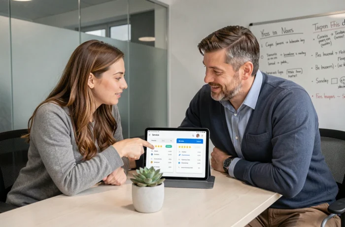 Deux collègues comparant des services d'expertise en ligne sur une tablette lors d'une réunion collaborative