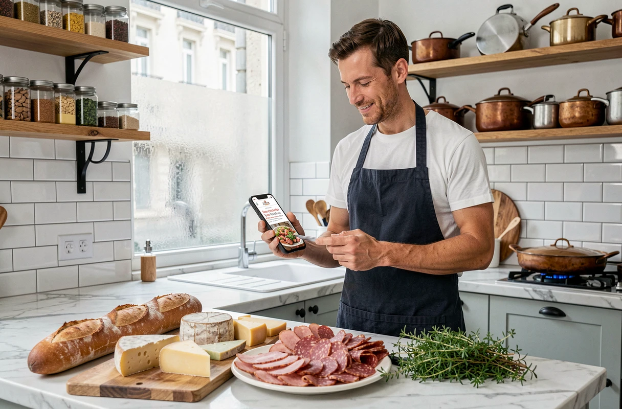 Homme consultant un site de gastronomie française sur smartphone avec des produits artisanaux étalés sur un comptoir en marbre