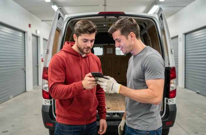 Deux hommes comparant des offres de location de camionnette jumbo sur smartphone dans un entrepôt