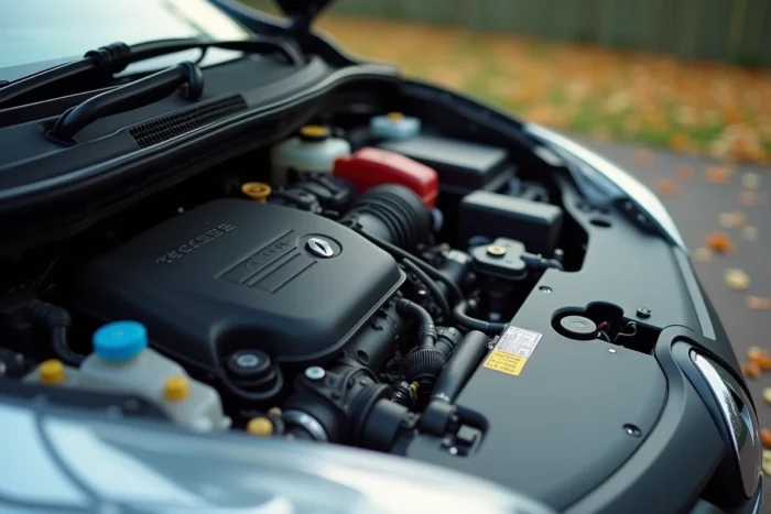 Vue rapprochée du compartiment moteur d'une Renault Clio 5 avec capteurs électroniques et faisceau de câblage visibles