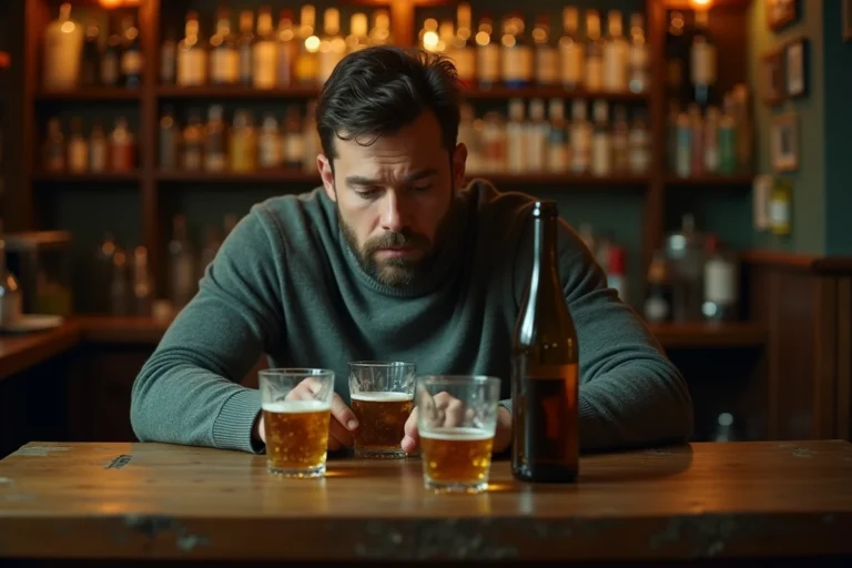 Homme attablé seul dans un bar avec plusieurs verres vides devant lui, illustrant une consommation excessive d'alcool et son effet sur le taux d'alcoolémie