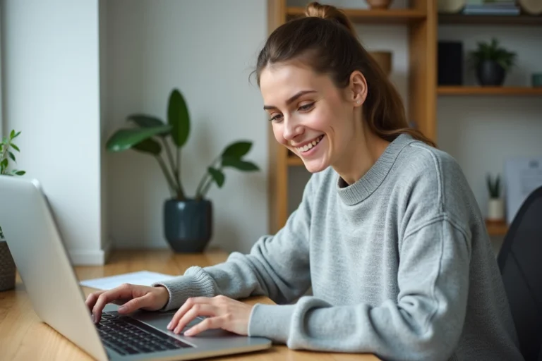 Femme consultant une facture Carrefour en ligne sur son ordinateur portable depuis un bureau à domicile