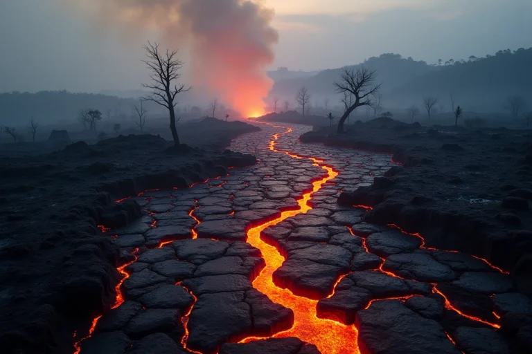 Coulée de lave du volcan Nyiragongo avançant sur un paysage basaltique noir au Congo