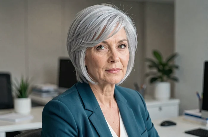 Femme de 60 ans avec une coupe courte en couches superposées sur cheveux fins platine, en environnement professionnel