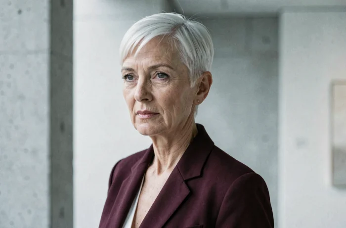 Femme de 60 ans avec une coupe garçonne effilée adaptée aux cheveux très clairsemés blancs