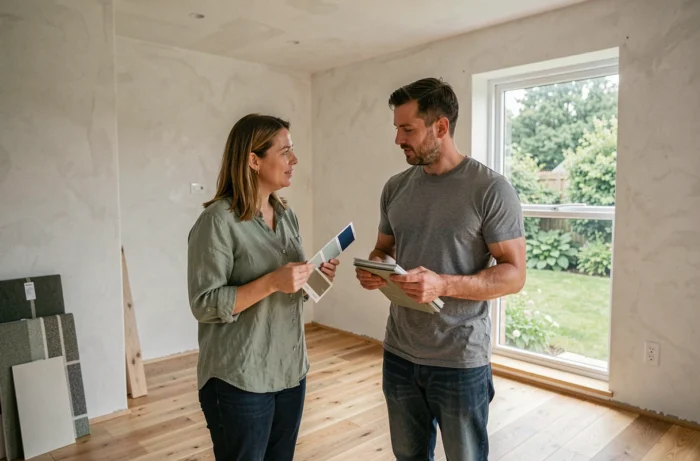 Couple choisissant des matériaux et couleurs pour l'aménagement intérieur de leur maison en construction