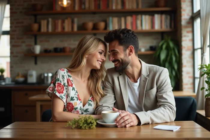 Couple amoureux partageant un moment intime dans un café rustique avec des fleurs sauvages sur la table