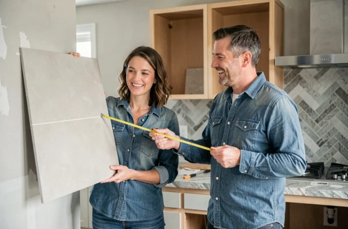 Couple choisissant des carreaux pour leur cuisine rénovée en tenant un échantillon de carrelage devant les futurs aménagements